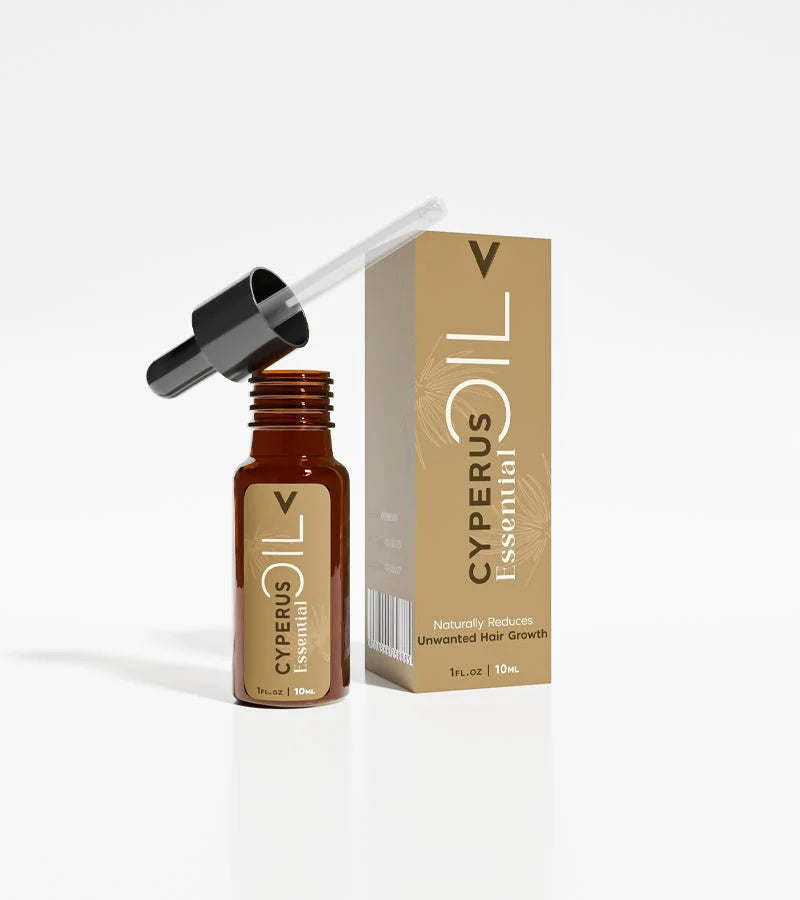 Cyperus essential oil bottle with dropper and box, 10ml, for reducing unwanted hair growth.